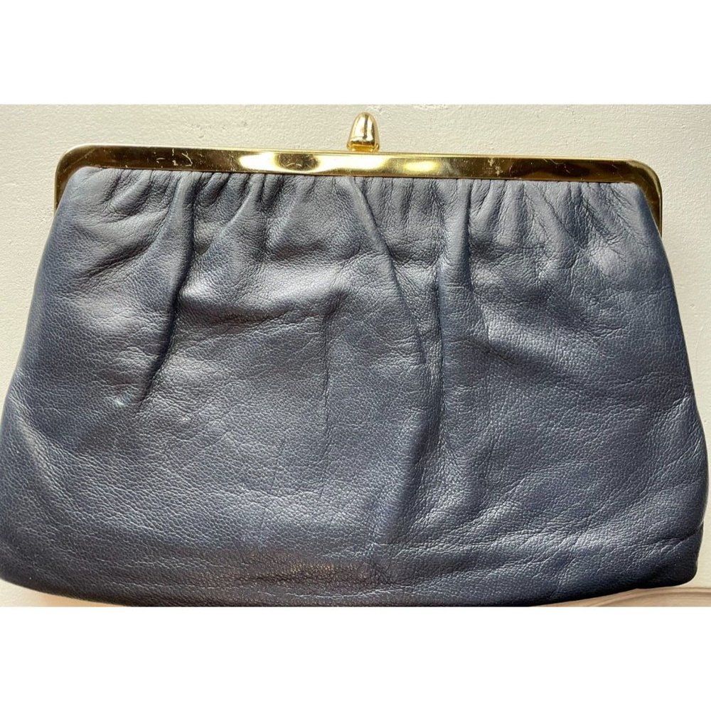 Vintage Charcoal Black Clutch Handbag with Gold Tone Hard Wear and Chain